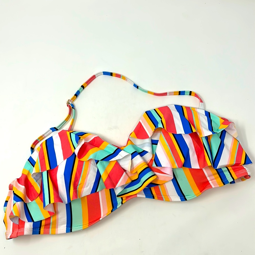 Time & Tru Pink Blue Yellow Strip Halter Strap Bikini Swim Top Size XL 16-18